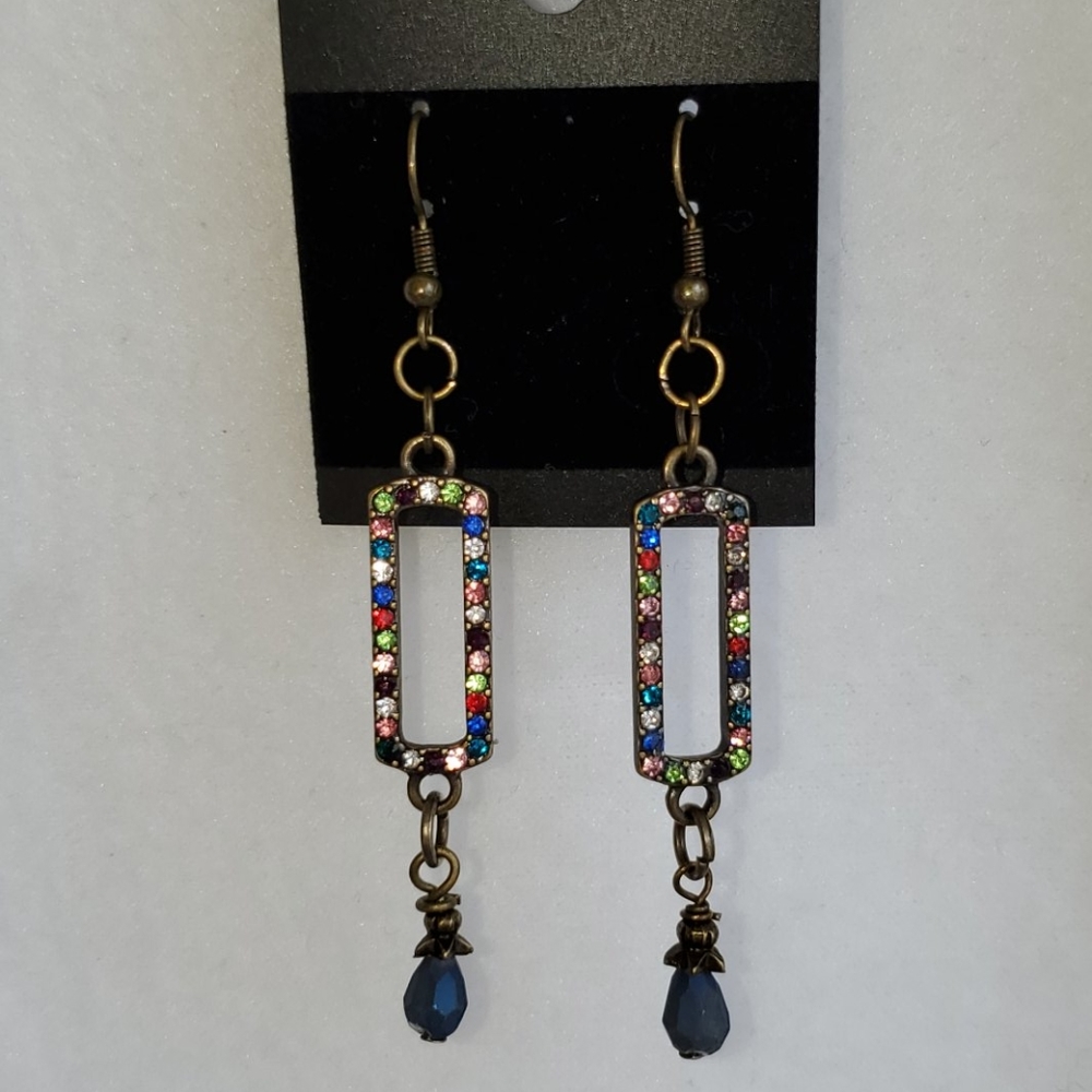 Womens multi color rhinestone & bronze earrings